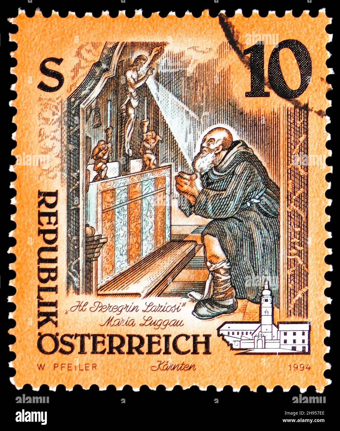 MOSCOW, RUSSIA - OCTOBER 24, 2021: Postage stamp printed in Austria shows 'The Healing of Saint Peregrinus' (altarpiece), Art from Monasteries serie, Stock Photo