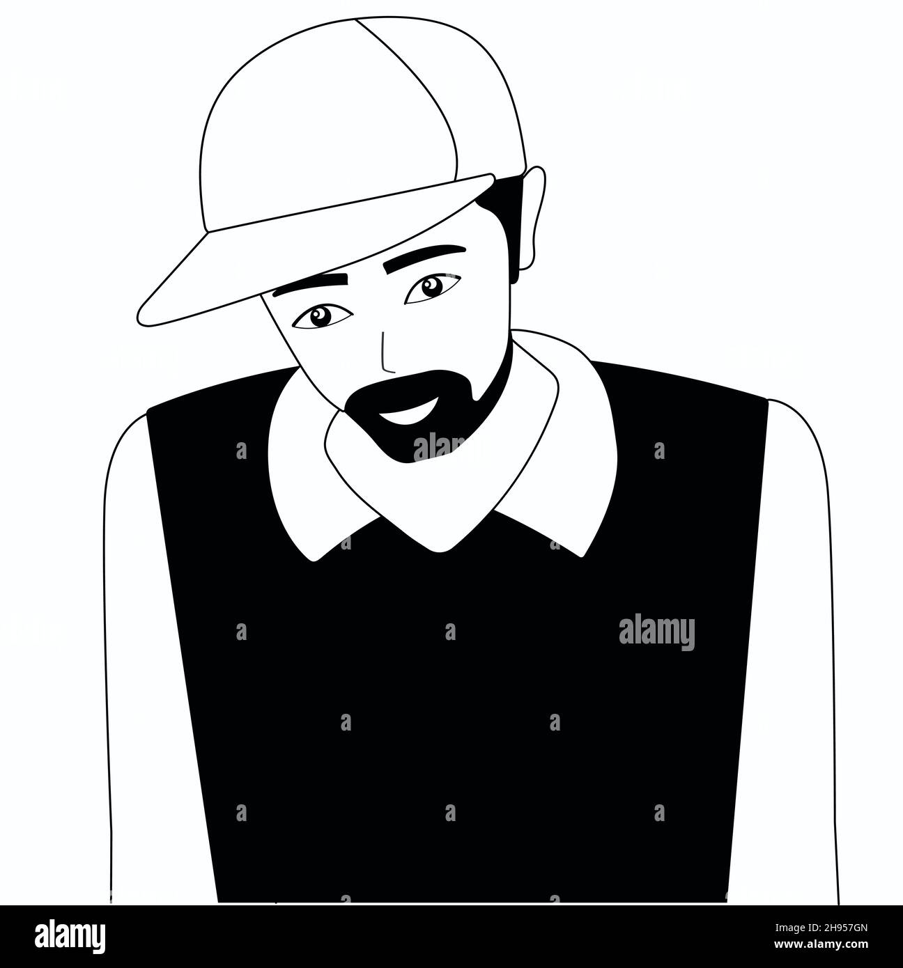 Black and white vector illustration hand drawing line. Guy in a cap, a man with a beard. Stock Vector