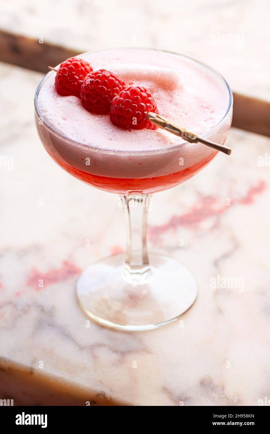 Clover Club Cocktail Drink with Egg White Foam and Raspberry Garnish in