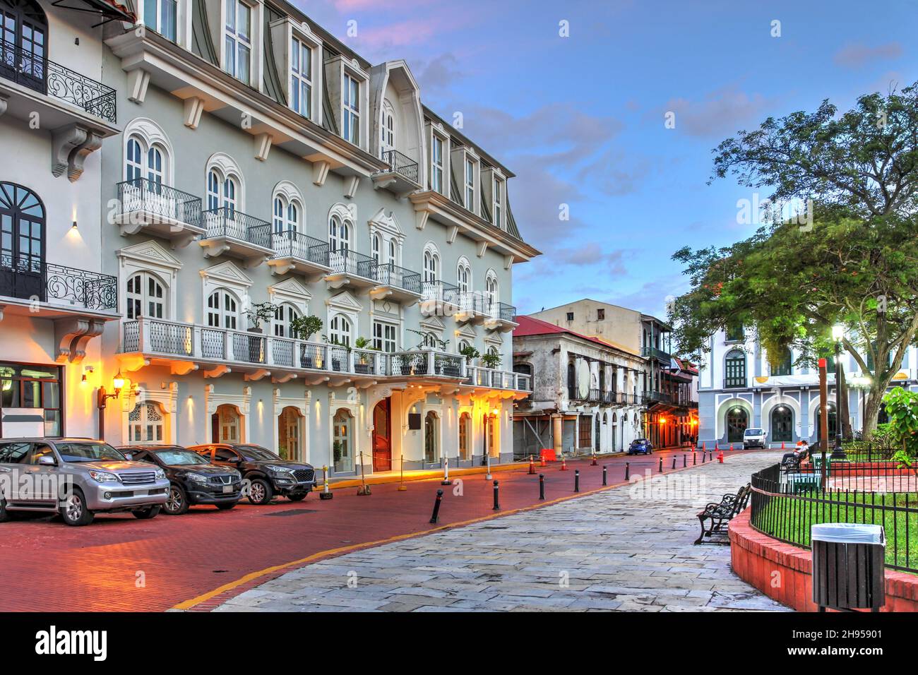 Historic Hotel Central facing Plaza de la Independencia in Casco Antiguo, Panama at sunset. Stock Photo