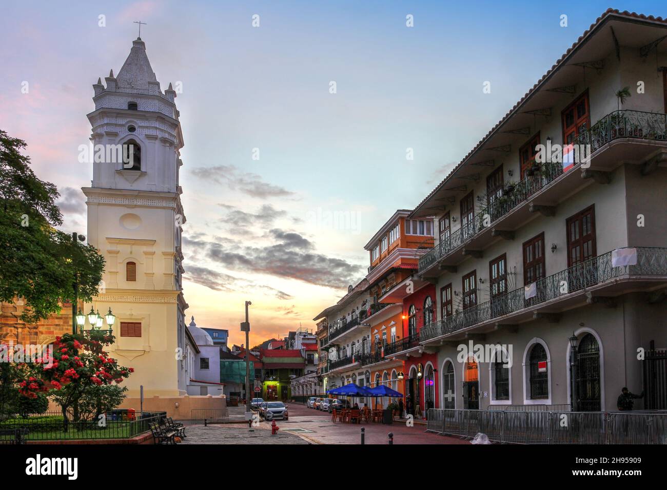 Beautiful sunset in Casco Antiguo Square with old houses and the Panama Metropolitan Cathedral, Santa Maria La Antigua. Stock Photo