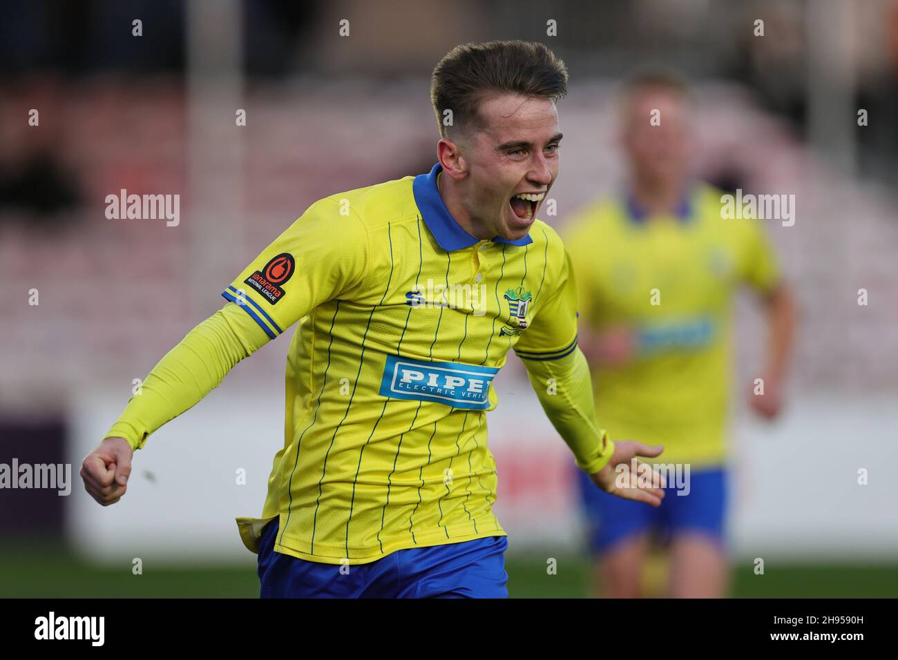 SOLIHULL, ENGLAND. DECEMBER 4TH 2021. Joe Sbarra of Solihull Moors celebrates after scoring their teams first goal during the Vanarama National League match between Solihull Moors and Woking FC at the Armco Stadium, Solihull on Saturday 4th December 2021. (Credit: James Holyoak/Alamy Live News) Stock Photo