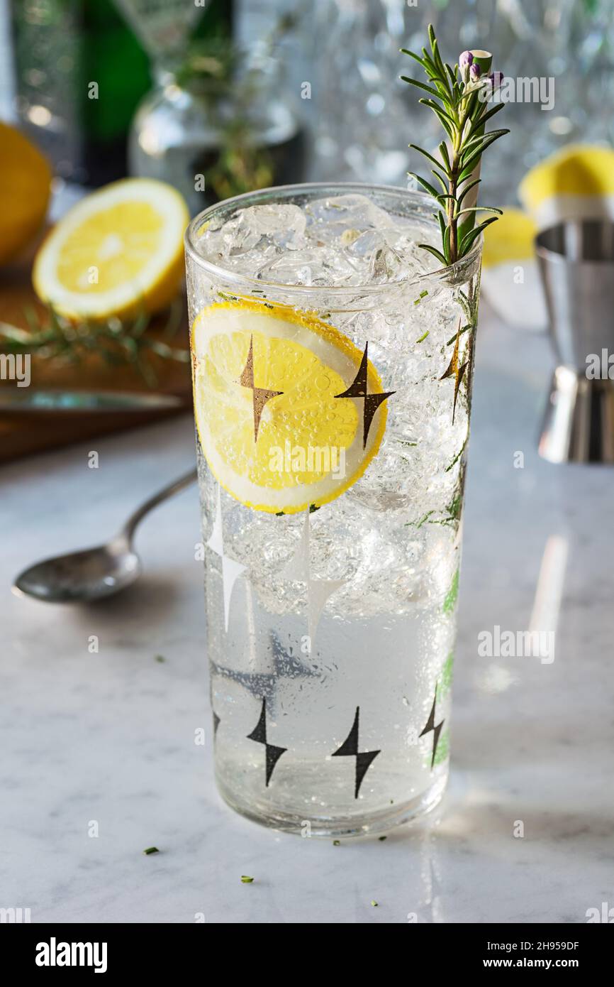 Rosemary Lemon Gin Fizz Cocktail Drinks over Ice on Marble Bar Top with ...