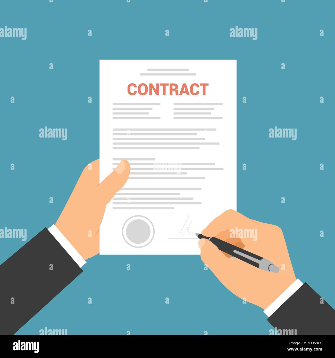 Flat design illustration of manager hand signing business contract with stamp - vector Stock Vector
