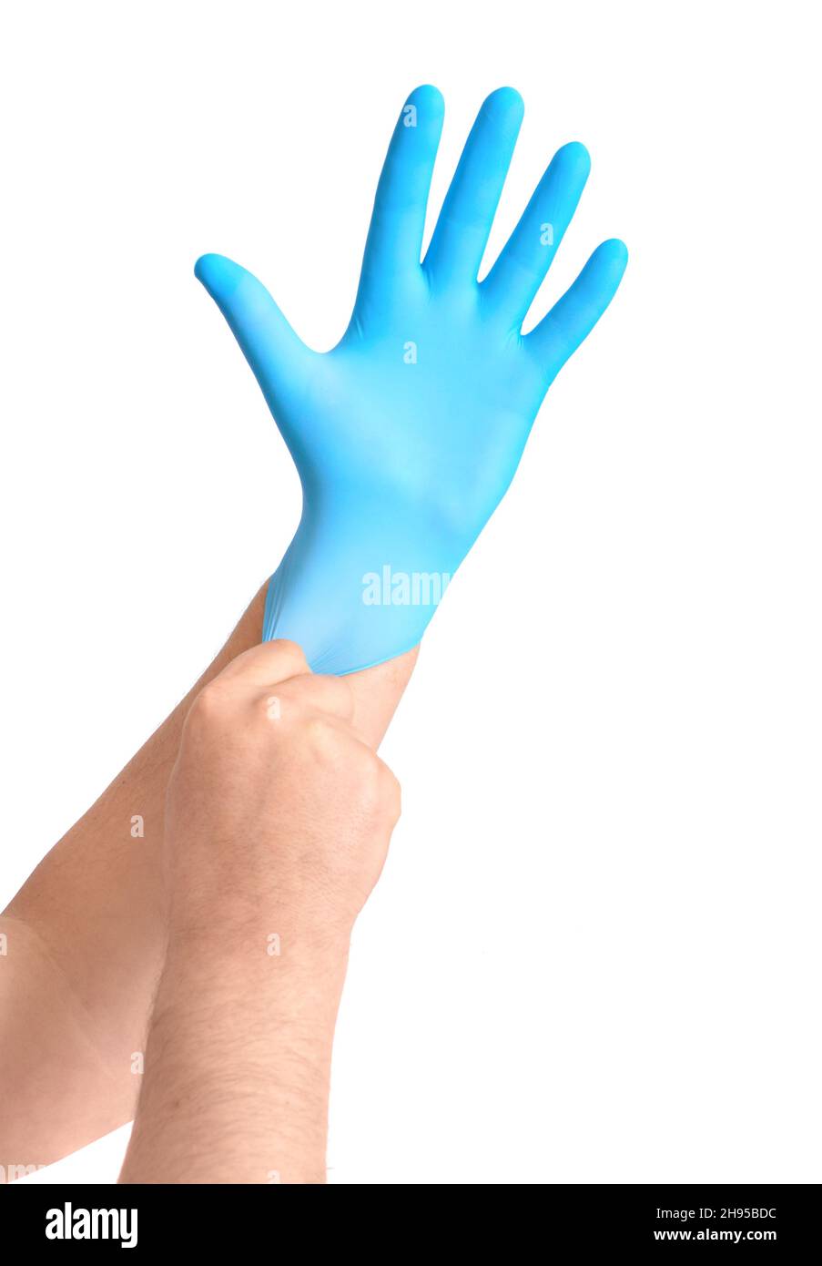 Hands with blue sterile gloves isolated on white bavkground Stock Photo
