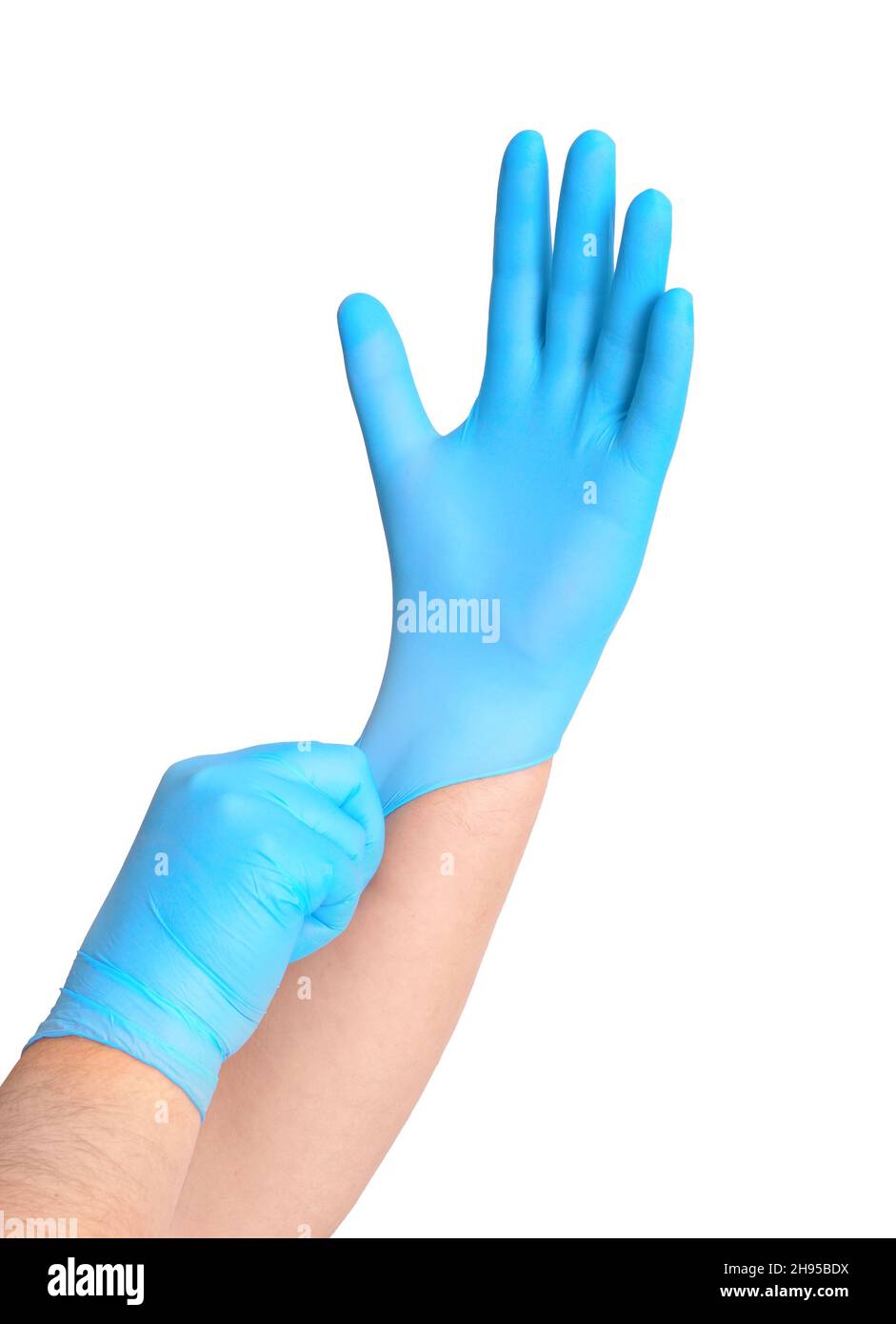 Hands with blue sterile gloves isolated on white bavkground Stock Photo