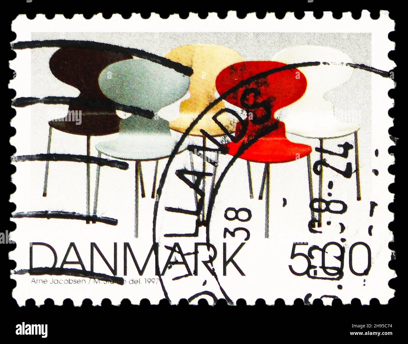 MOSCOW, RUSSIA - OCTOBER 24, 2021: Postage stamp printed in Denmark shows The Ant Chairs (Arne Jacobsen), Danish design 1997 serie, circa 1997 Stock Photo