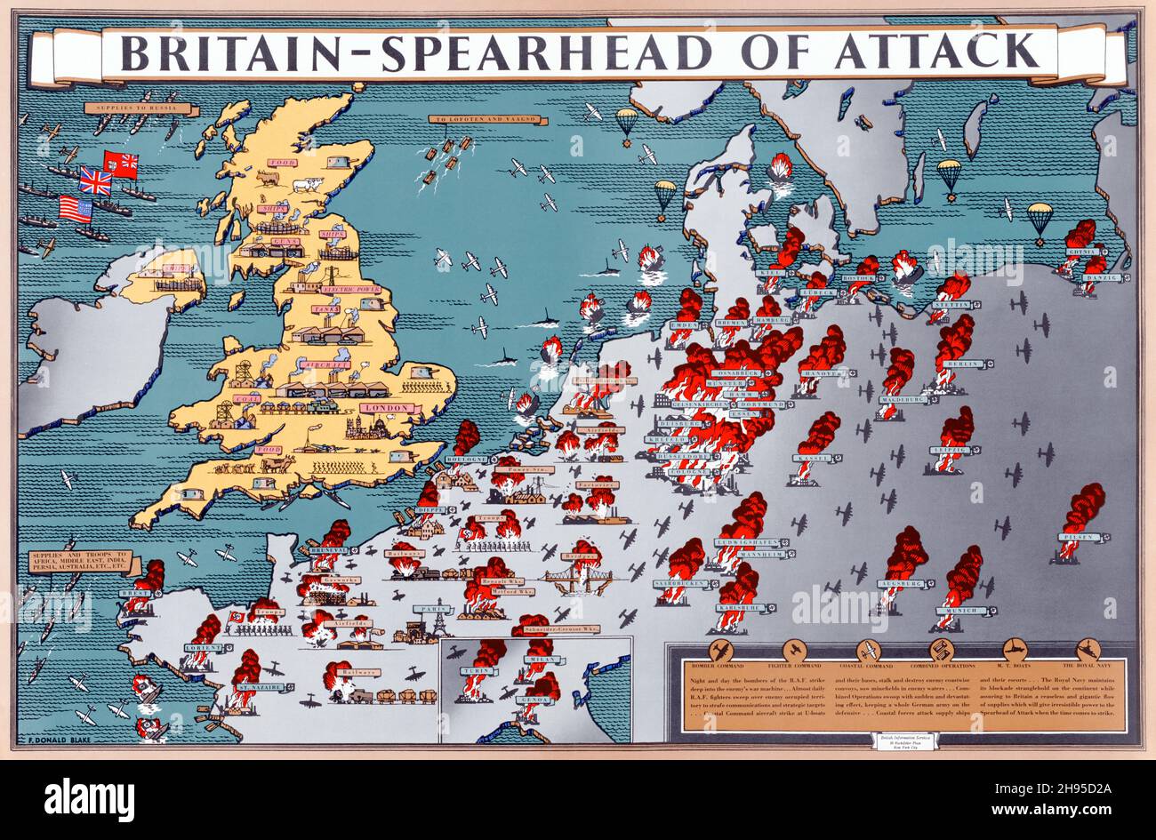 Britain Spearhead of Attack - Poster of the Office of War Information. 1943–1945. World War II. War map. Stock Photo
