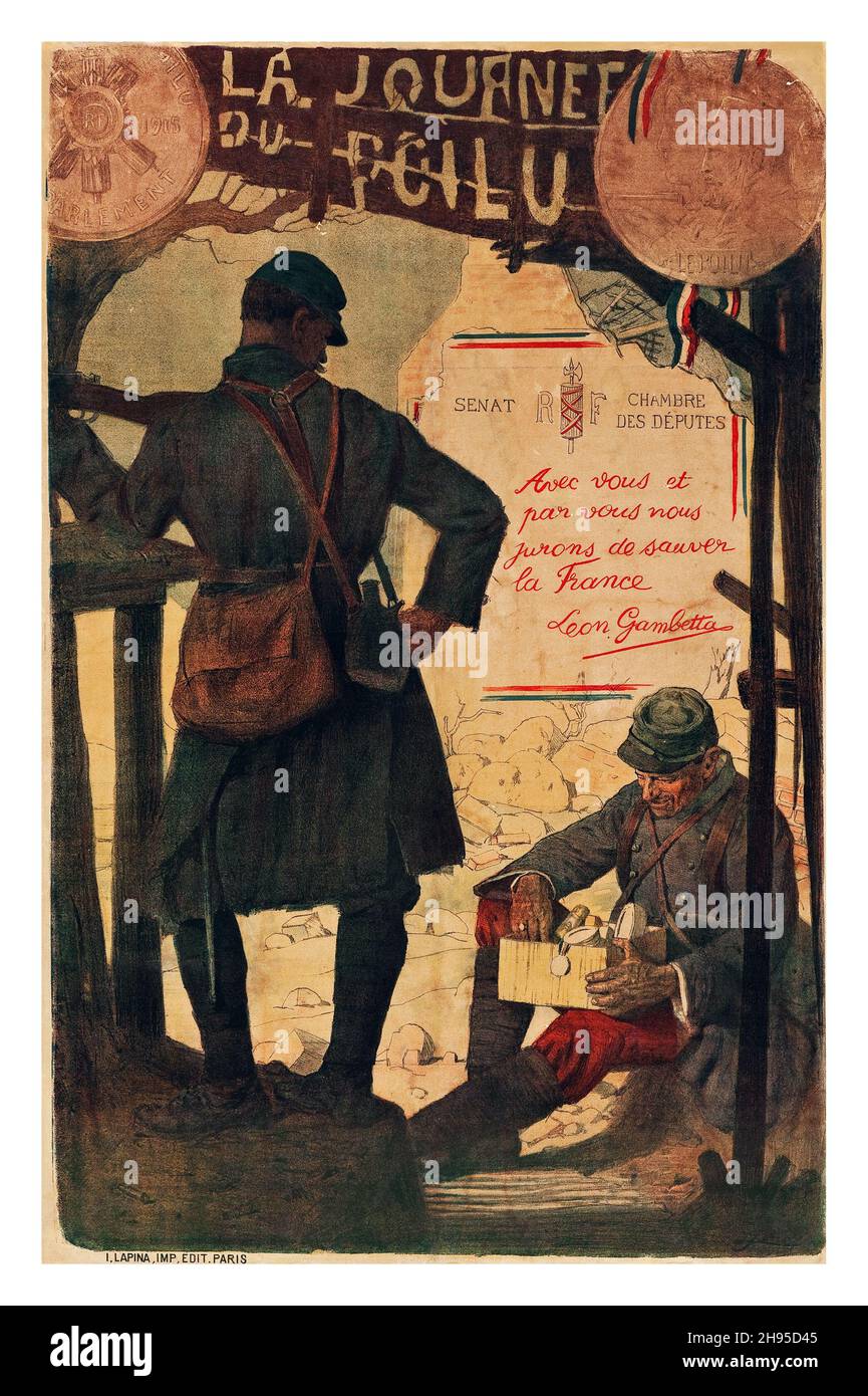 French World War I Propaganda (Lapine, Imp., Paris, 1915). Poster 'La journee du Poilu.' Stock Photo