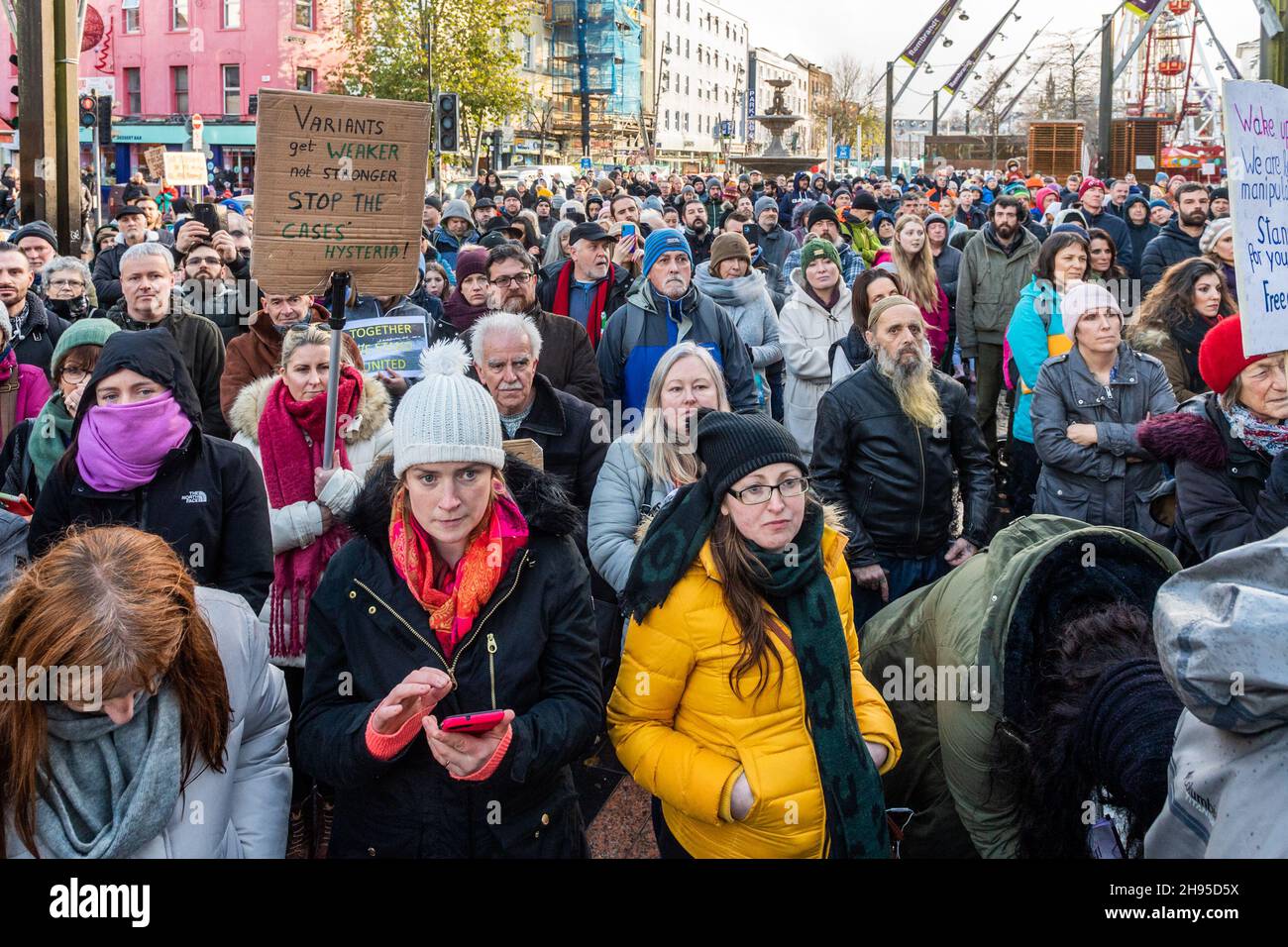 Cork, Ireland. 4th Dec, 2021. Around 500 people held a protest in Cork city today against lockdown; vaccinations for children; vaccine passports and face masks. It comes as the government has imposed restrictions on hospitality and household mixing until 9th January. Credit: AG News/Alamy Live News Stock Photo