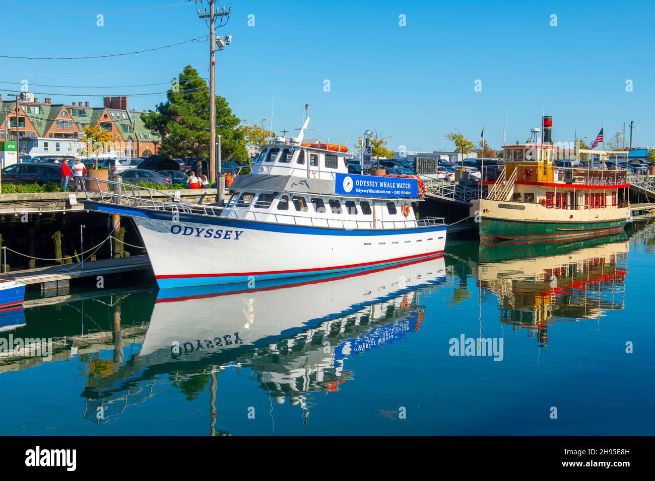 Odyssey Whale Watch ship docked at Long Wharf at Commercial Street in Old Port in city of Portland, Maine ME, USA. Stock Photo