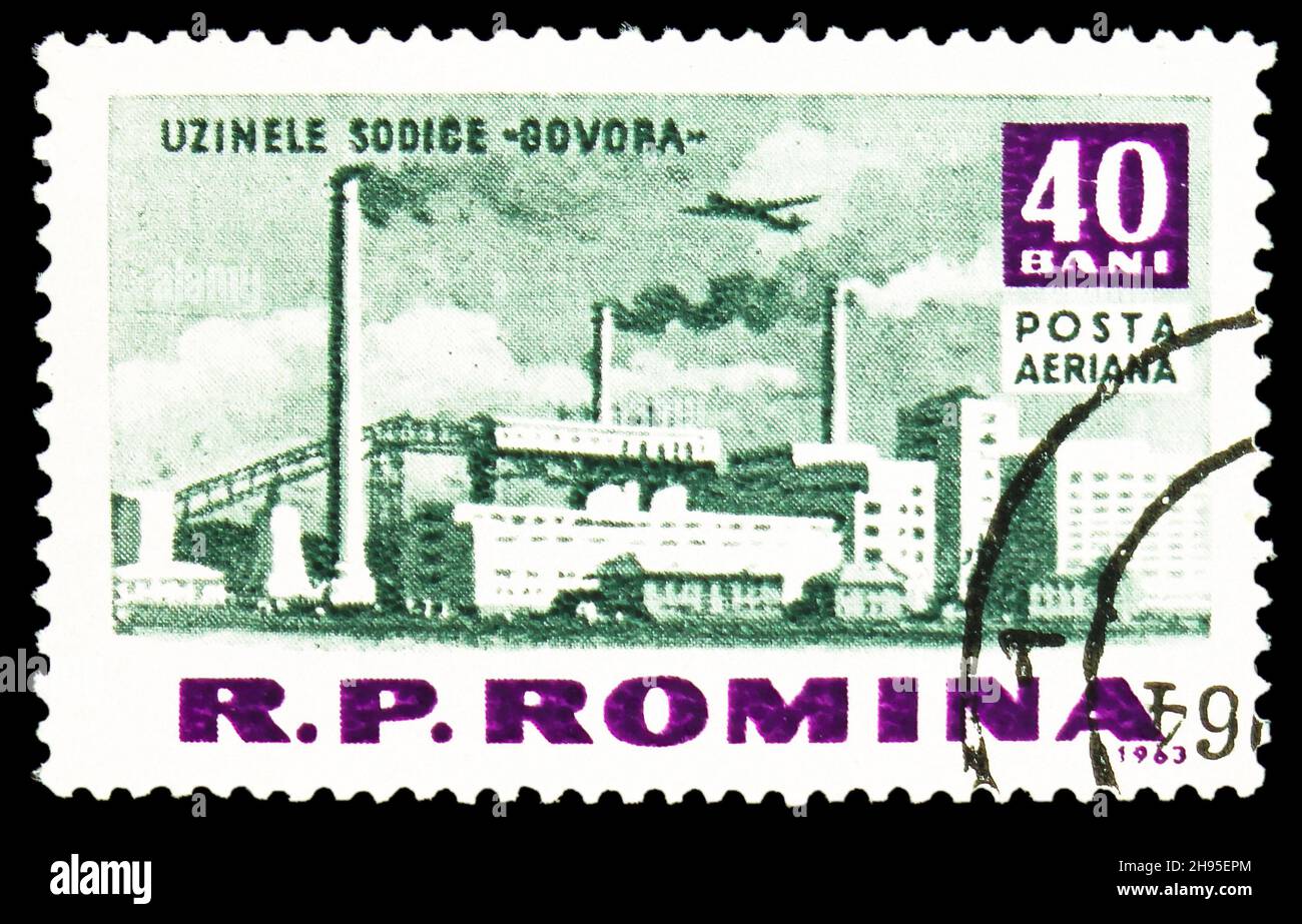 MOSCOW, RUSSIA - OCTOBER 24, 2021: Postage stamp printed in Romania shows Soda plant (Govora), Socialism construction in R.P.R. serie, circa Stock Photo