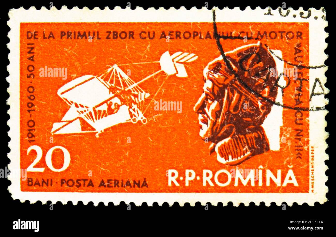 MOSCOW, RUSSIA - OCTOBER 24, 2021: Postage stamp printed in Romania shows Aurel Vlaicu and Plane II, Aviation Day serie, circa 1960 Stock Photo