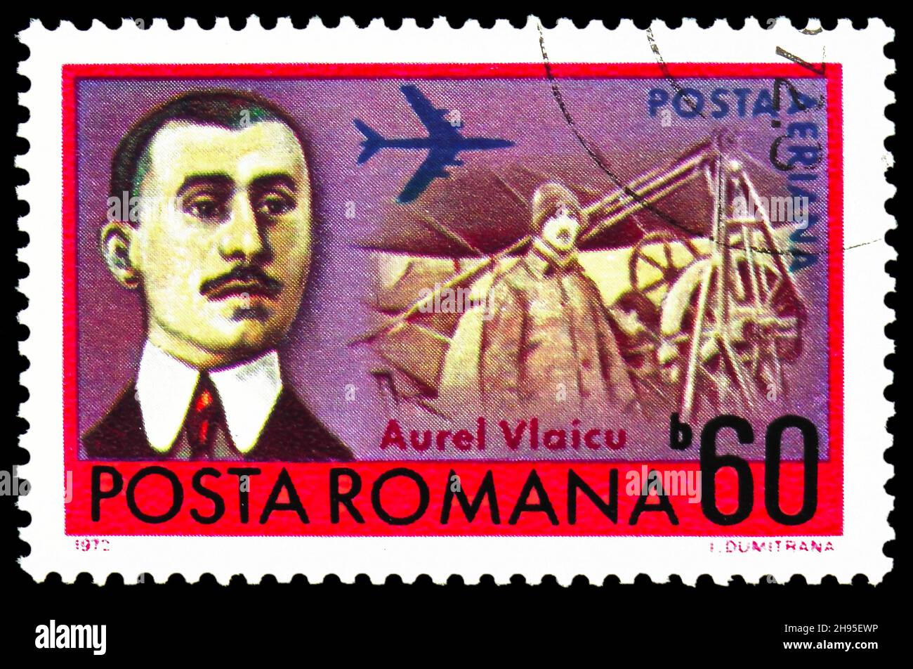 MOSCOW, RUSSIA - OCTOBER 24, 2021: Postage stamp printed in Romania shows Aurel Vlaicu (1882-1913), Romanian Aviation Pioneers serie, circa 1972 Stock Photo