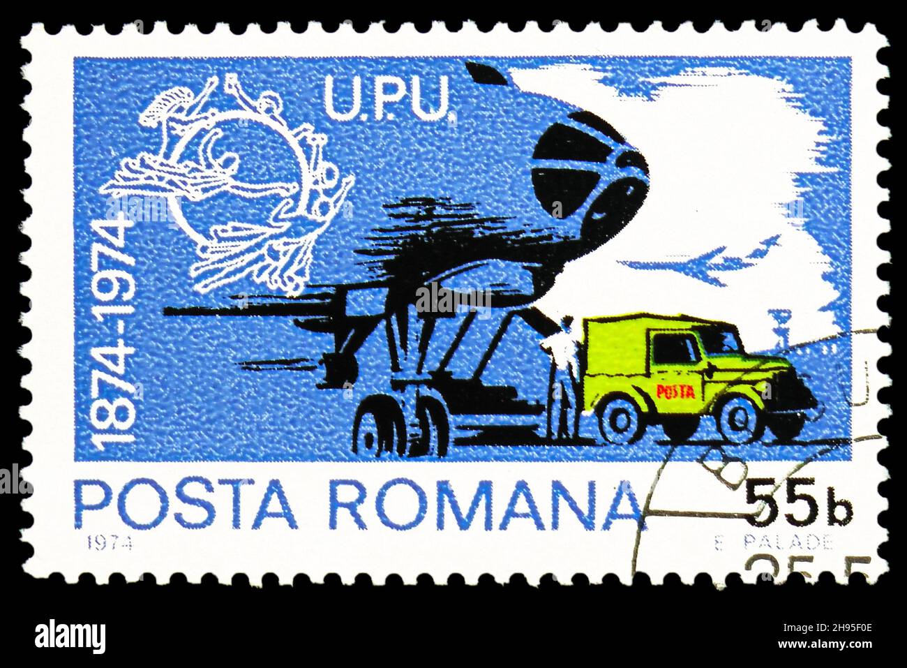 MOSCOW, RUSSIA - OCTOBER 24, 2021: Postage stamp printed in Romania shows Mailplane and truck, U.P.U. (Universal Postal Union), Centenary serie, circa Stock Photo