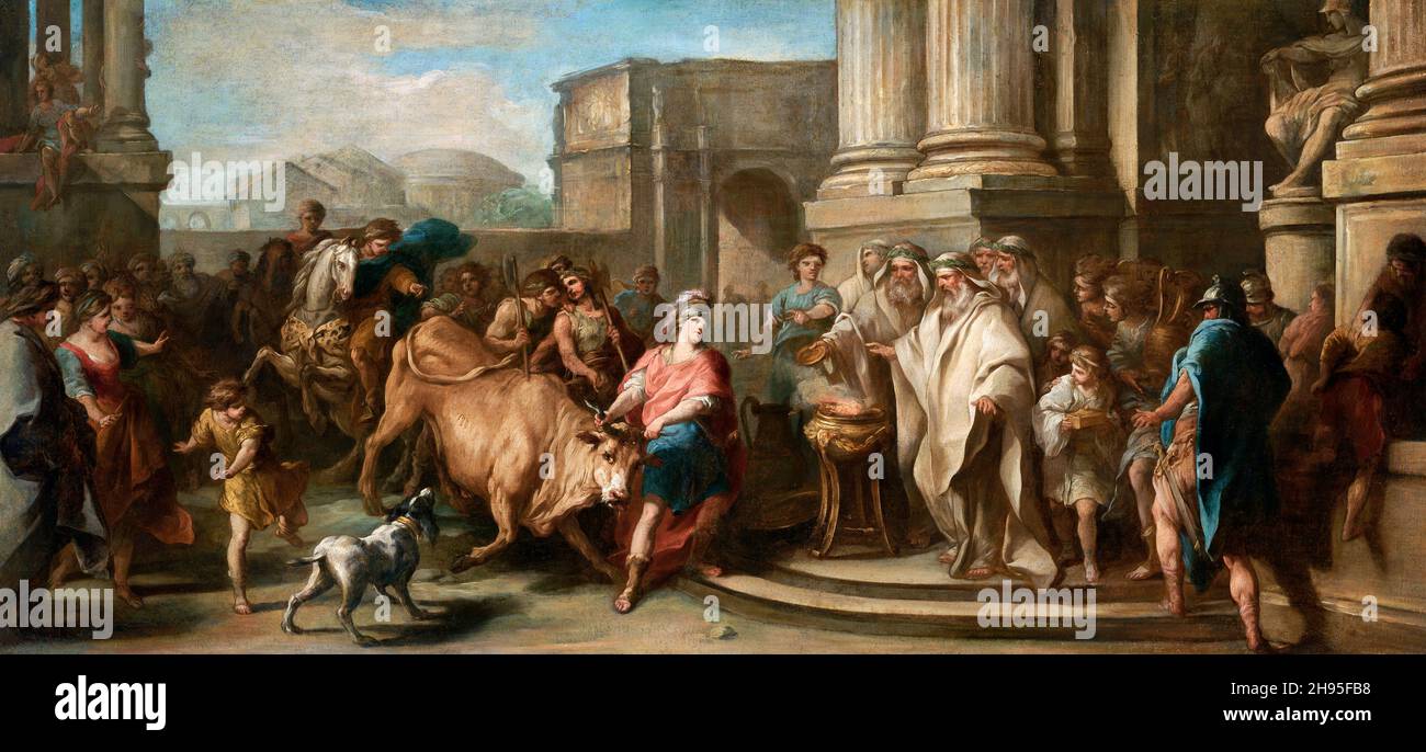 Theseus Taming the Bull of Marathon by the French painter, Charles-André Van Loo (1705-1765), oil on canvas, c. 1730 Stock Photo