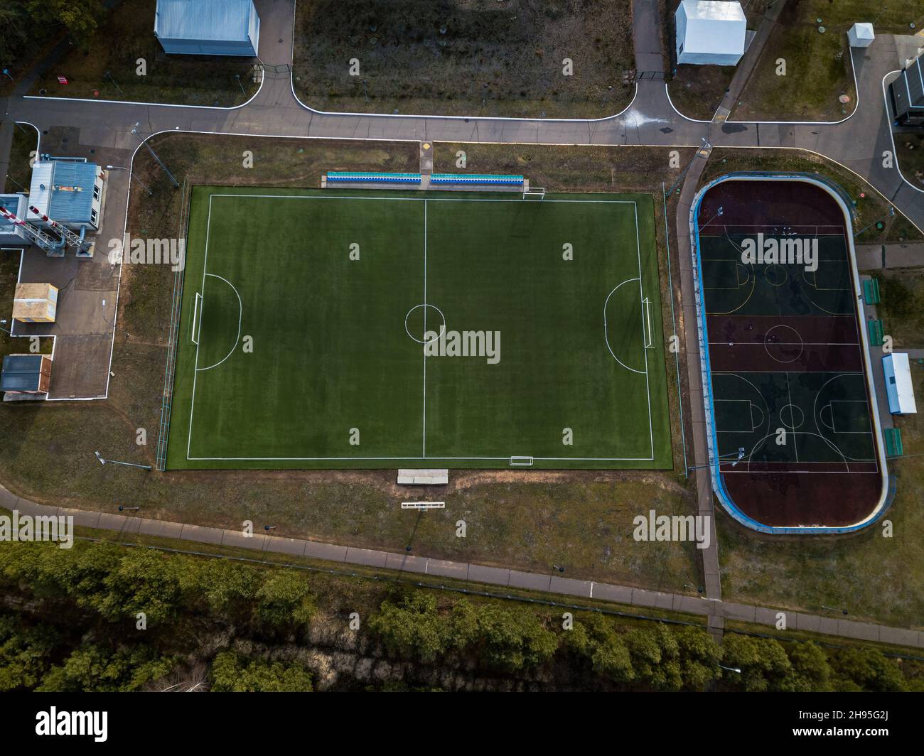Football field at the country club. Aerial view. Drone view. Playing