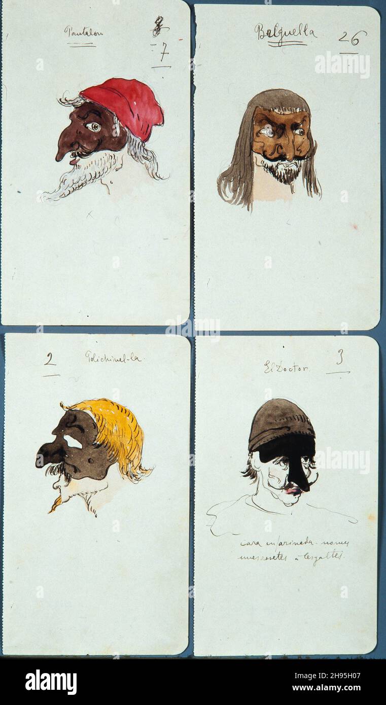 Adrià Gual / Bocetos de Pantalone, Briguella, Pulcinella y El Doctor para 'La família d'Arlequí', 1927. Institut del Teatre de Barcelona. Stock Photo