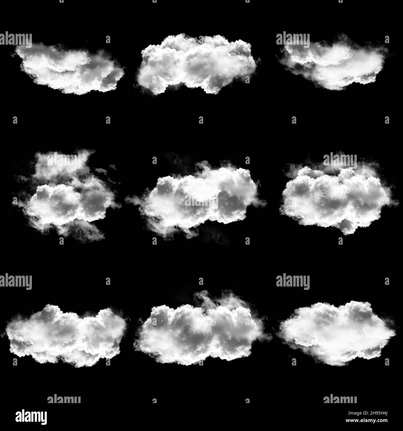 Cloud collection isolated over black background. Realistic clouds