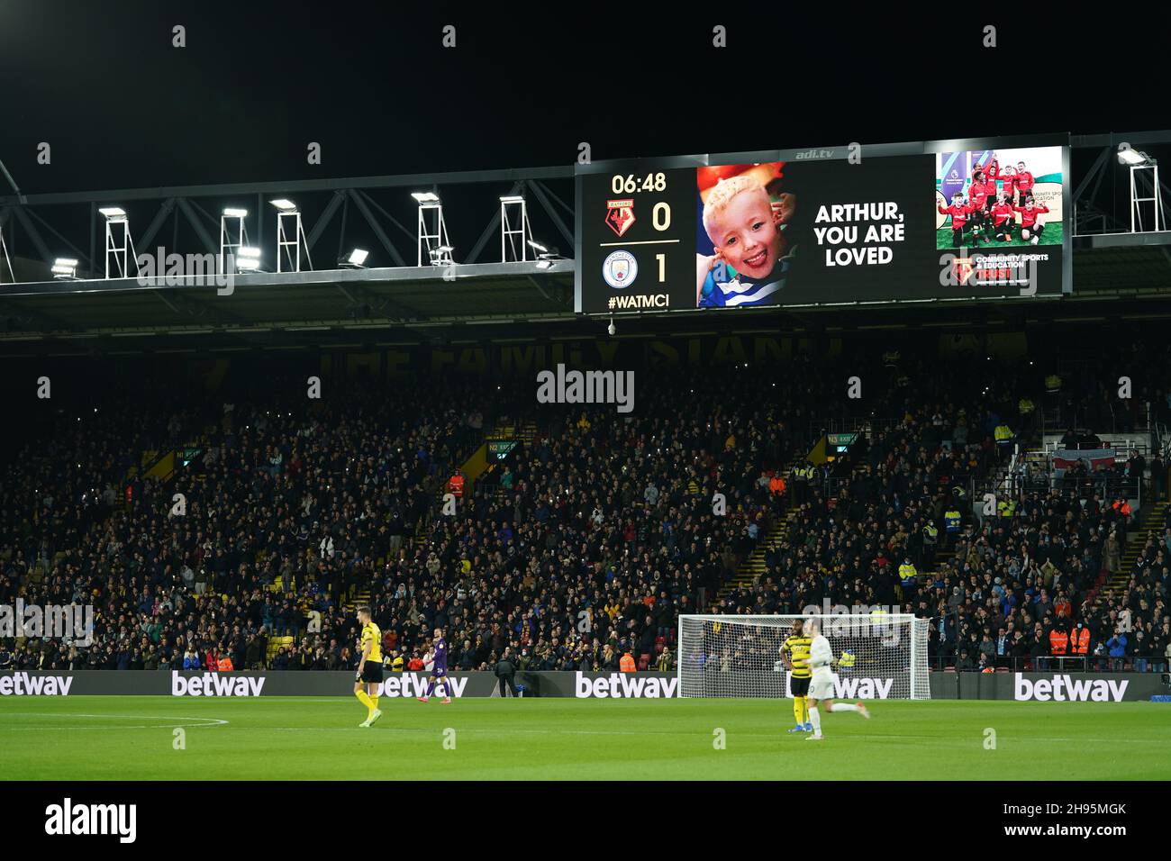 A tribute to Arthur Labinjo-Hughes is shown during the Premier League match at Vicarage Road, Watford. Picture date: Saturday December 4, 2021. Stock Photo