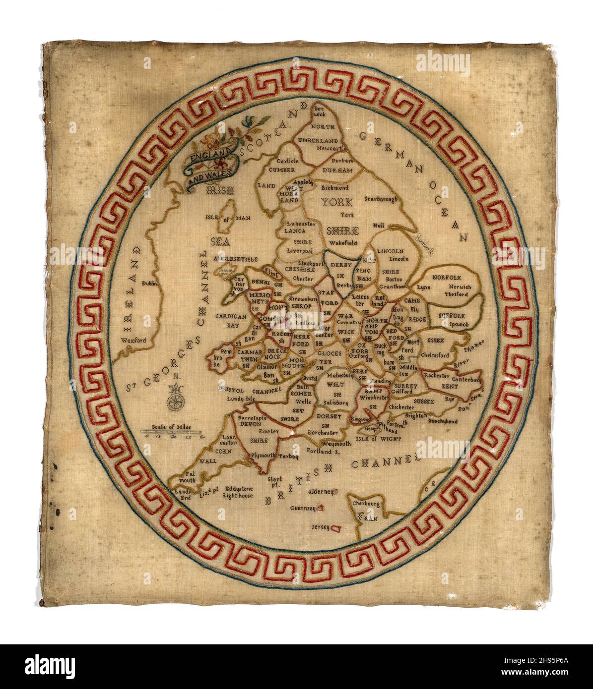 Map Sampler, England, c. 1800. The counties of England and Wales, the 'German Ocean'. Stock Photo