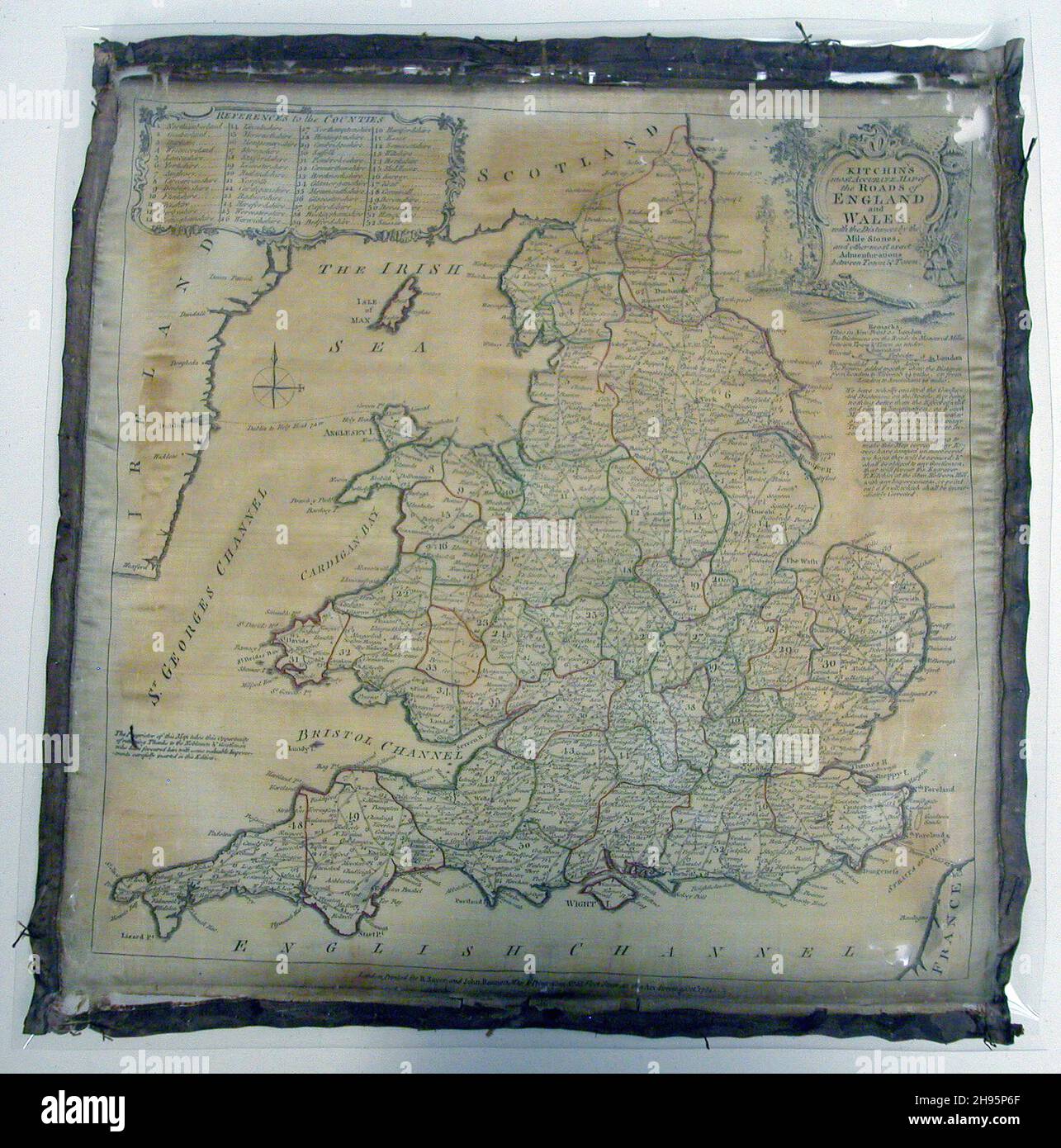 Panel (Map), England, 1784. 'Kitchin's most Accurate Map of the Roads of England and Wales: with the distances by the Mile Stones, and other most exact Admensurations between Town &amp; Town'. Stock Photo