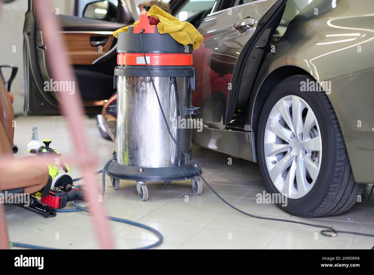 Modern equipment for car detailing, garage closeup Stock Photo Alamy