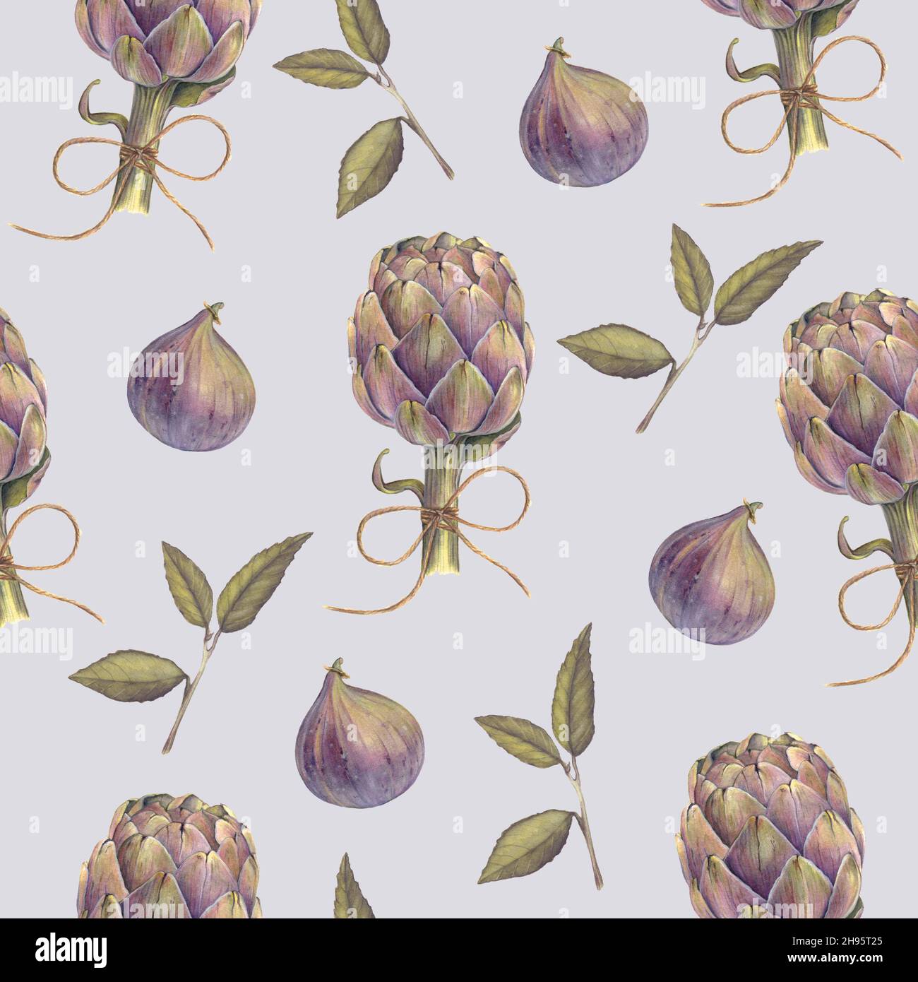 Fruit and vegetable seamless pattern. Artichoke, fig watercolor  Stock Photo