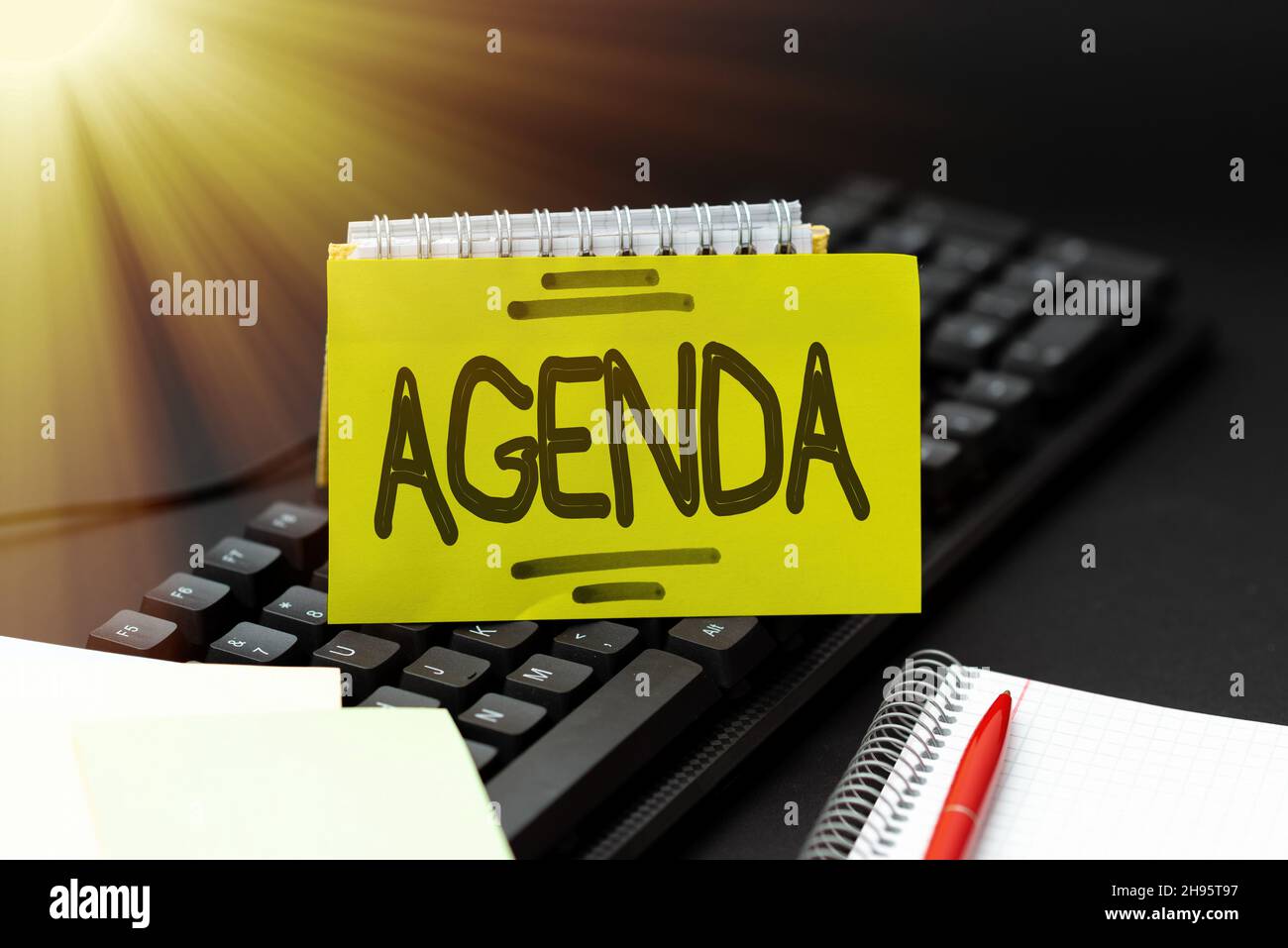 Hand writing sign Agenda. Word Written on list items that participants ...