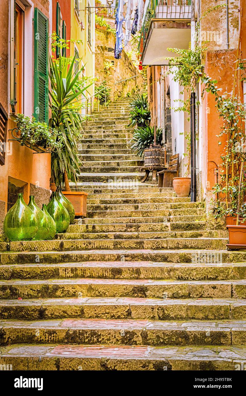 Stairs going up between colorful houses in Monterosso with green glass jars and wooden bench Stock Photo