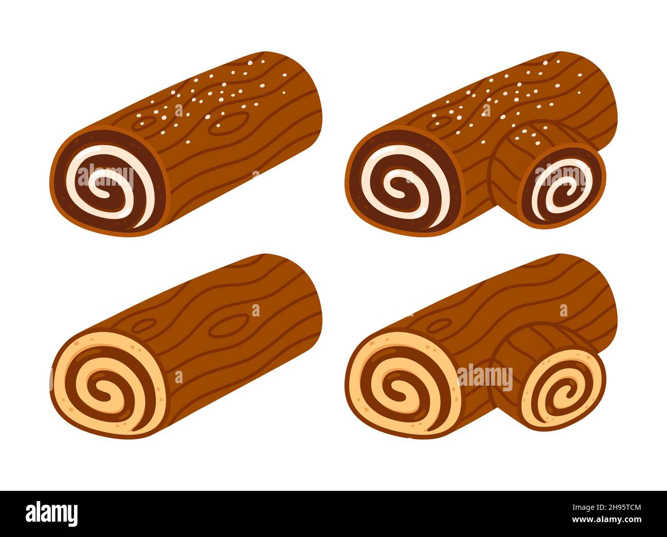 Yule log or Buche de Noel, traditional Christmas cake. Cartoon drawing, vector clip art illustration. Stock Vector