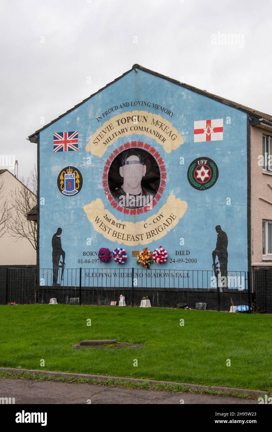 Mural in Shankill Belfast dedicated to loyalist assassin Stevie McKeag. Stock Photo