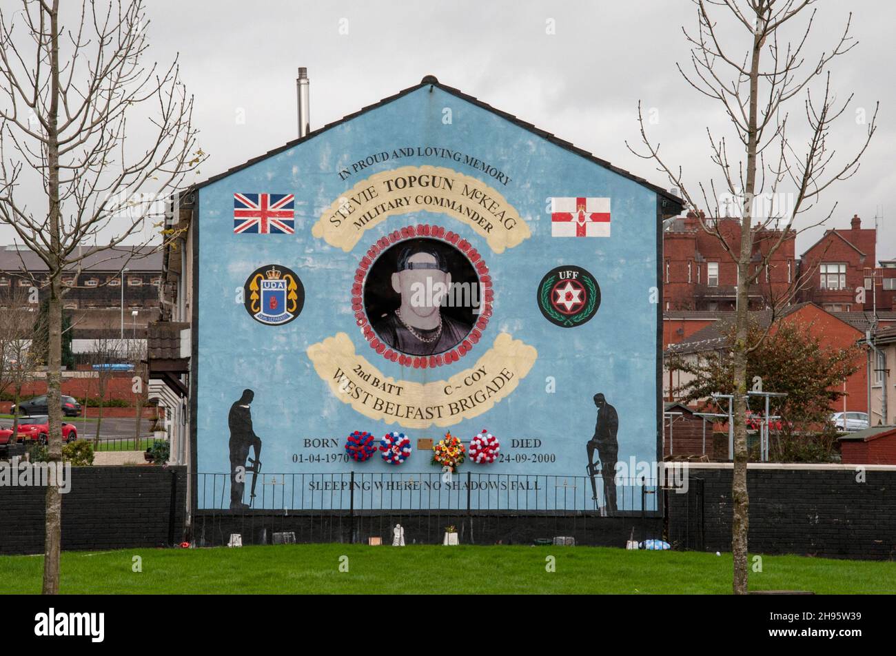 Mural in Shankill Belfast dedicated to loyalist assassin Stevie McKeag. Stock Photo
