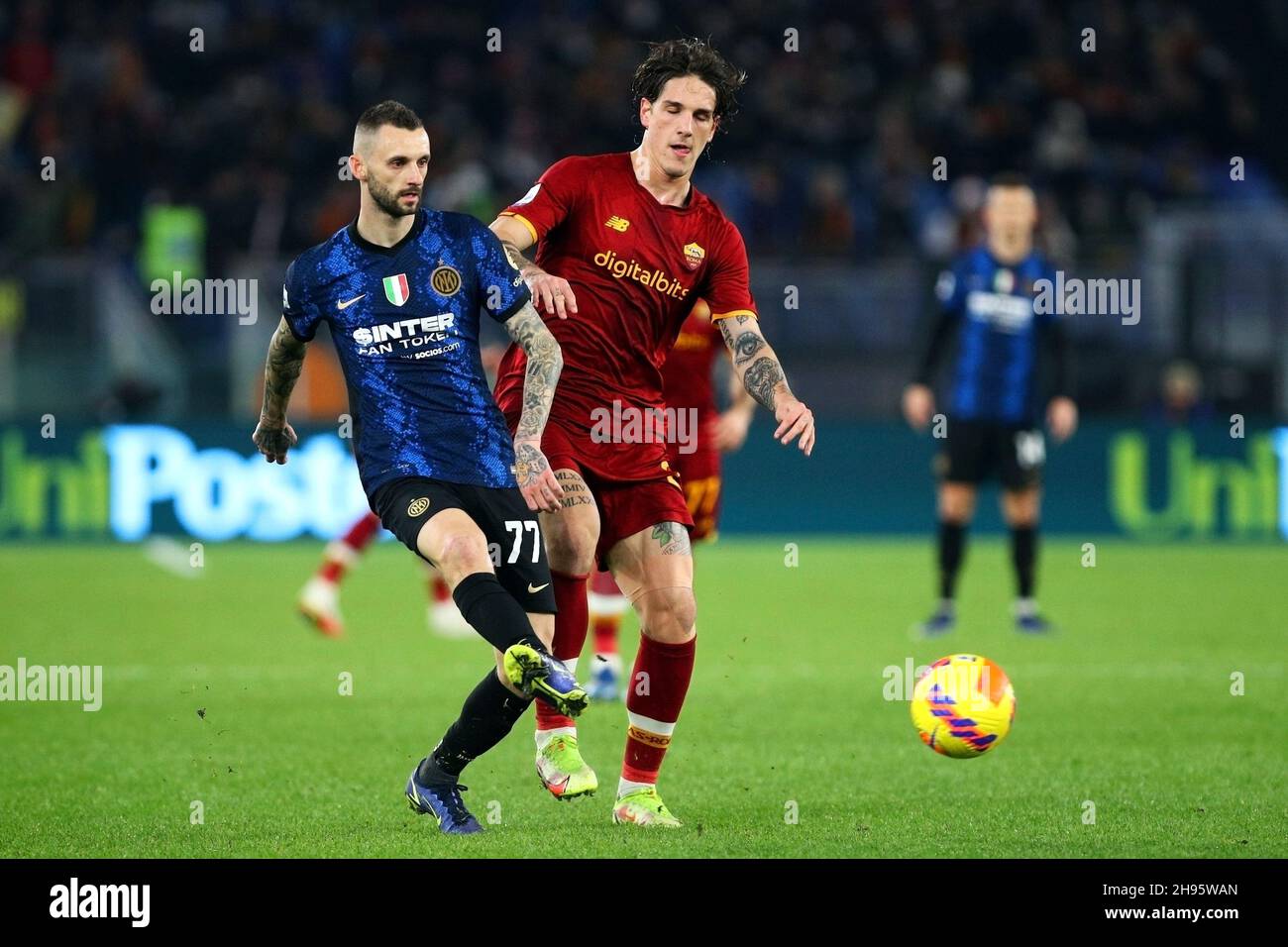 Nicolo Zaniolo of FC Internazionale competes for the ball with Vitja