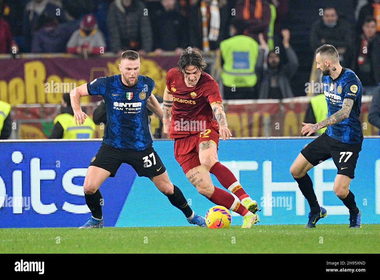 Nicolo Zaniolo of FC Internazionale competes for the ball with Vitja