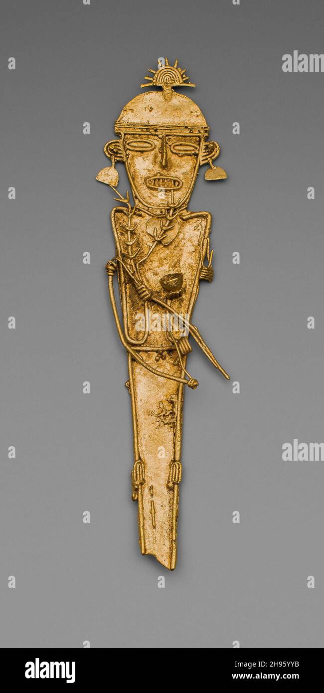Figurine (Tunjo) of a Figure Holding Plants and Cup, Wearing a Crown, A.D. 1000/1500. Muisca, Colombia. Stock Photo