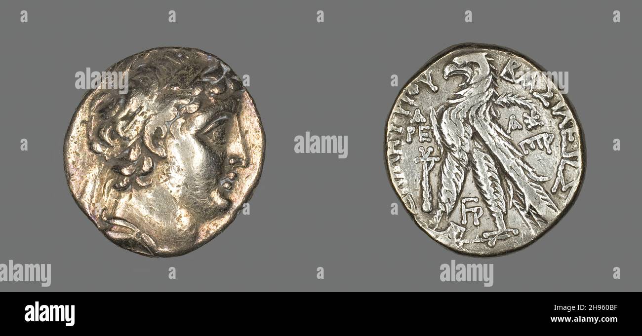 Tetradrachm (Coin) Portraying Demetrius II Nikator of Syria, 130-129 BCE, Reign of Demetrius II Nikator of Syria, 145-139 BCE and 129-125 BCE. Stock Photo