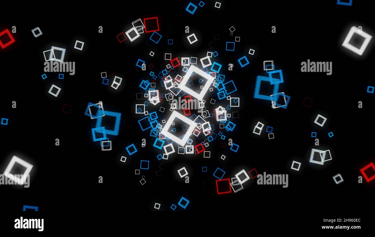 Futuristic background of cubic on black background. Animation. Neon square frames spread out with hypnotic matrix effect on black background. Stock Photo