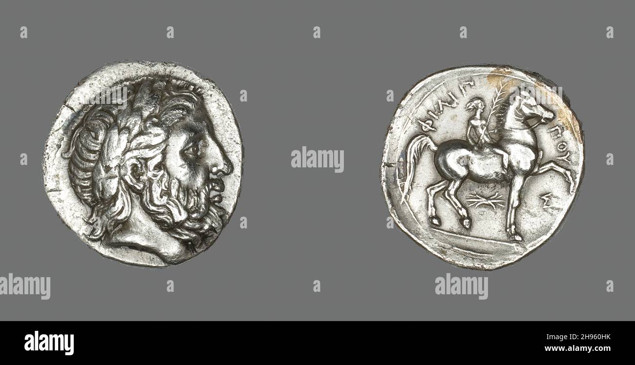 Tetradrachm (Coin) Depicting the God Zeus, 348-336 BCE, issued by King Philip II of Macedonia. Stock Photo