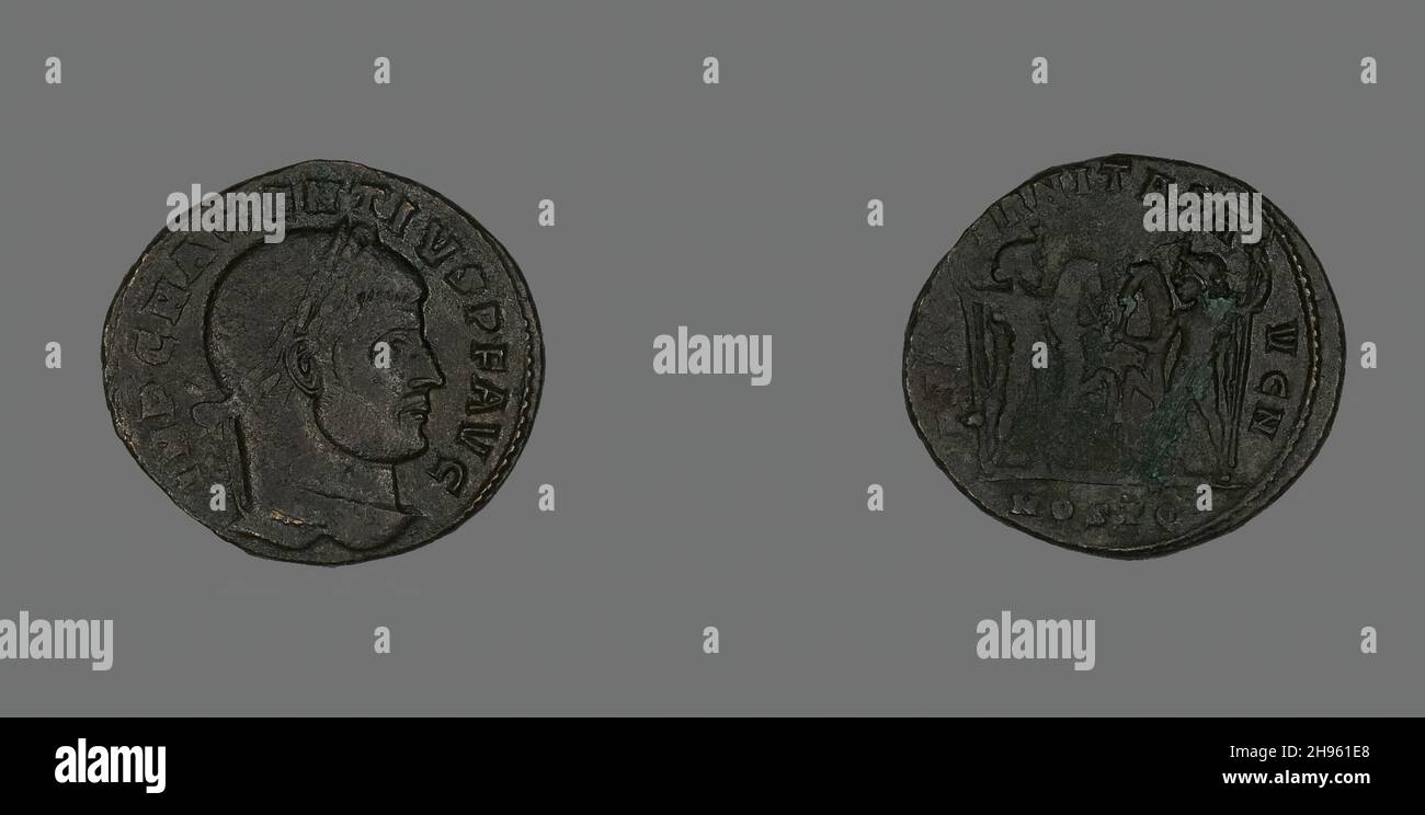 Follis (Coin) Portraying Emperor Maxentius, 309-312. Minted in Ostia (near the ancient port of Rome). Stock Photo