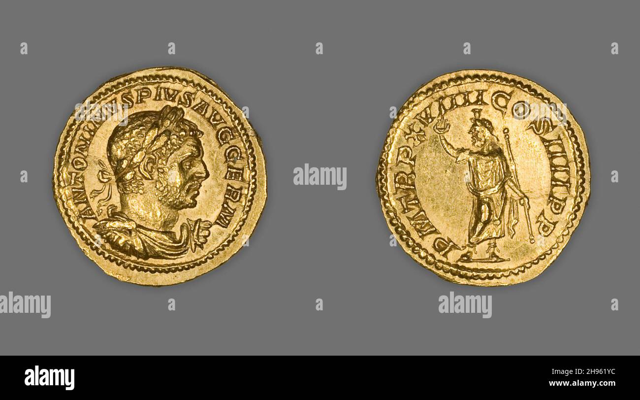 Aureus (Coin) Portraying Emperor Caracalla, 216, issued by Caracalla. Reverse:Serapis wearing a polos on his head, raising his right hand and holding a sceptre. Minted in Rome. Stock Photo