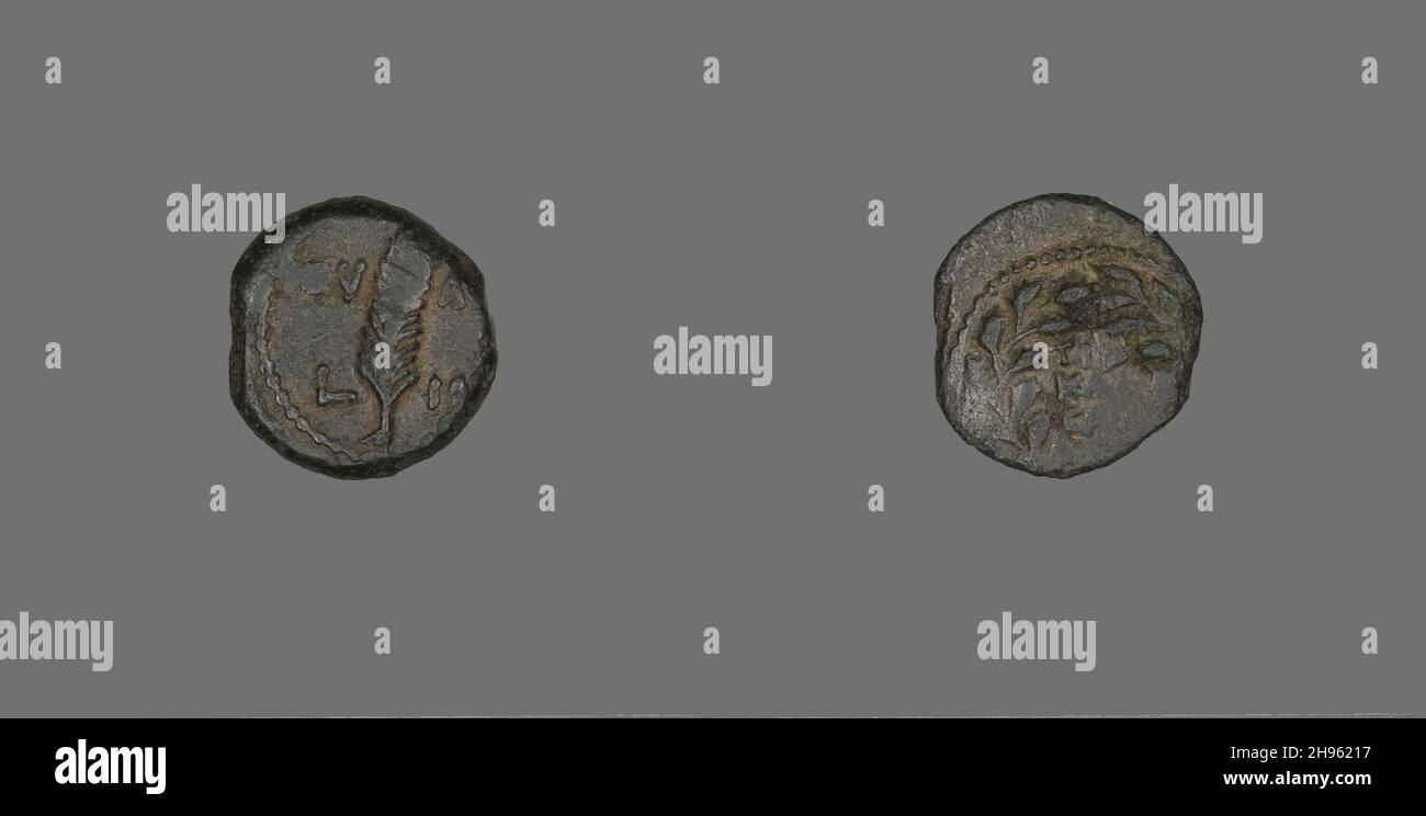 Coin Depicting a Palm Branch, 24-25, Procurator: Valerius Gratus (24-25), reign of Tiberius. Olive wreath on reverse. Roman; Palestine. Stock Photo