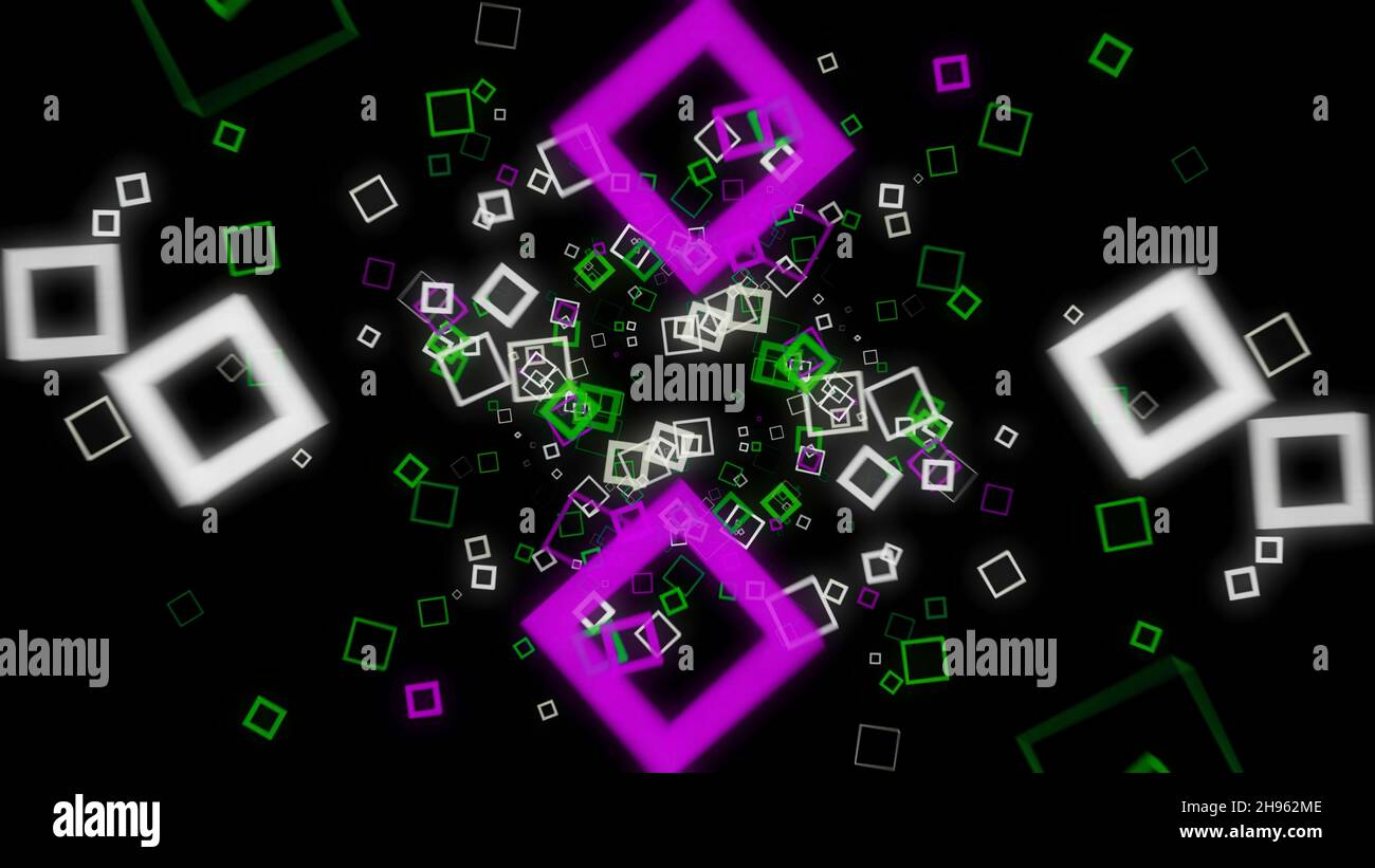 Futuristic background of cubic on black background. Animation. Neon square frames spread out with hypnotic matrix effect on black background. Stock Photo