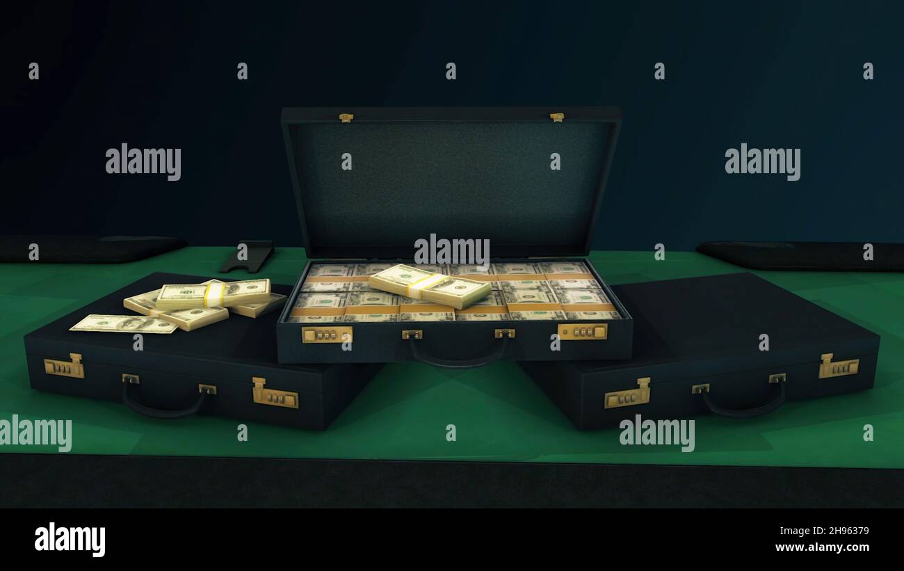 3D animation of suitcases with money. Animation. Illegal suitcases with