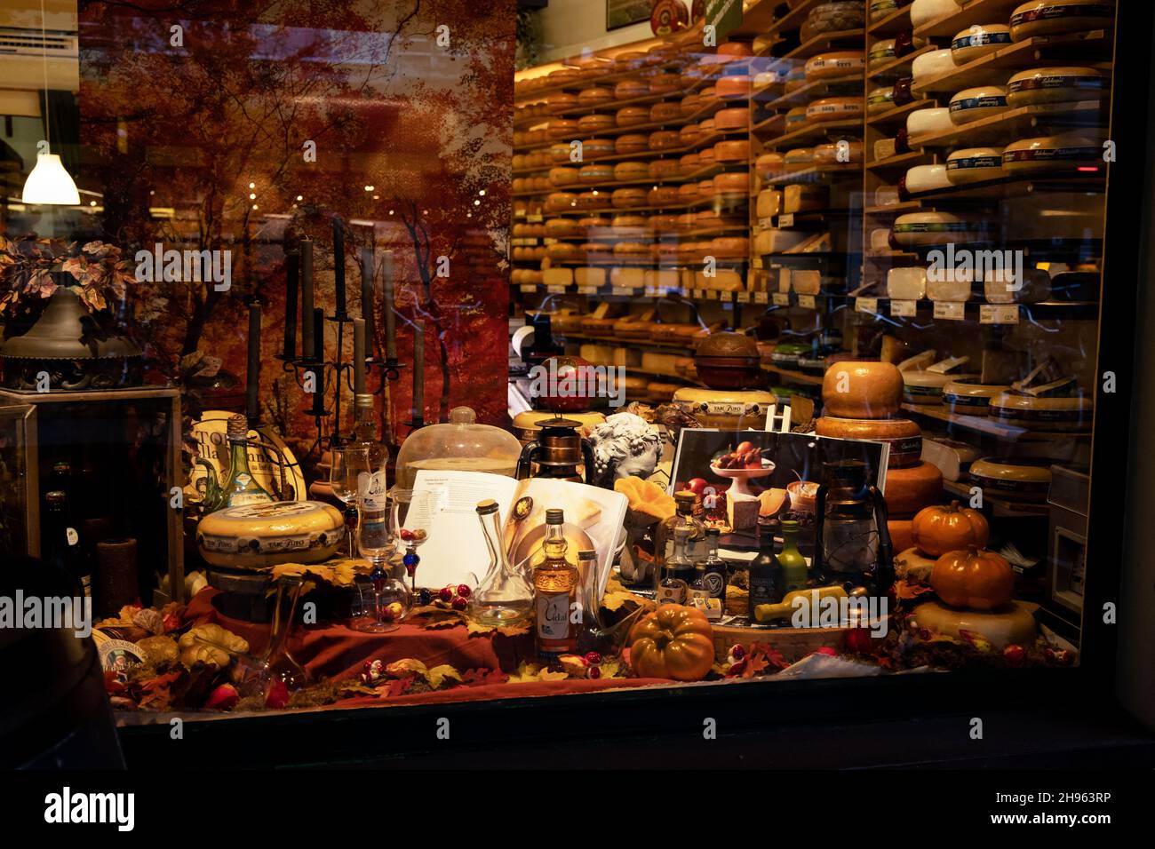 The window display in a Dutch cheese shop in Groningen, Netherlands. Stock Photo
