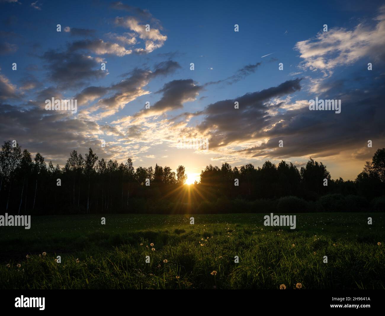 dramatic sunset clouds over forest trees with colorful sky Stock Photo ...