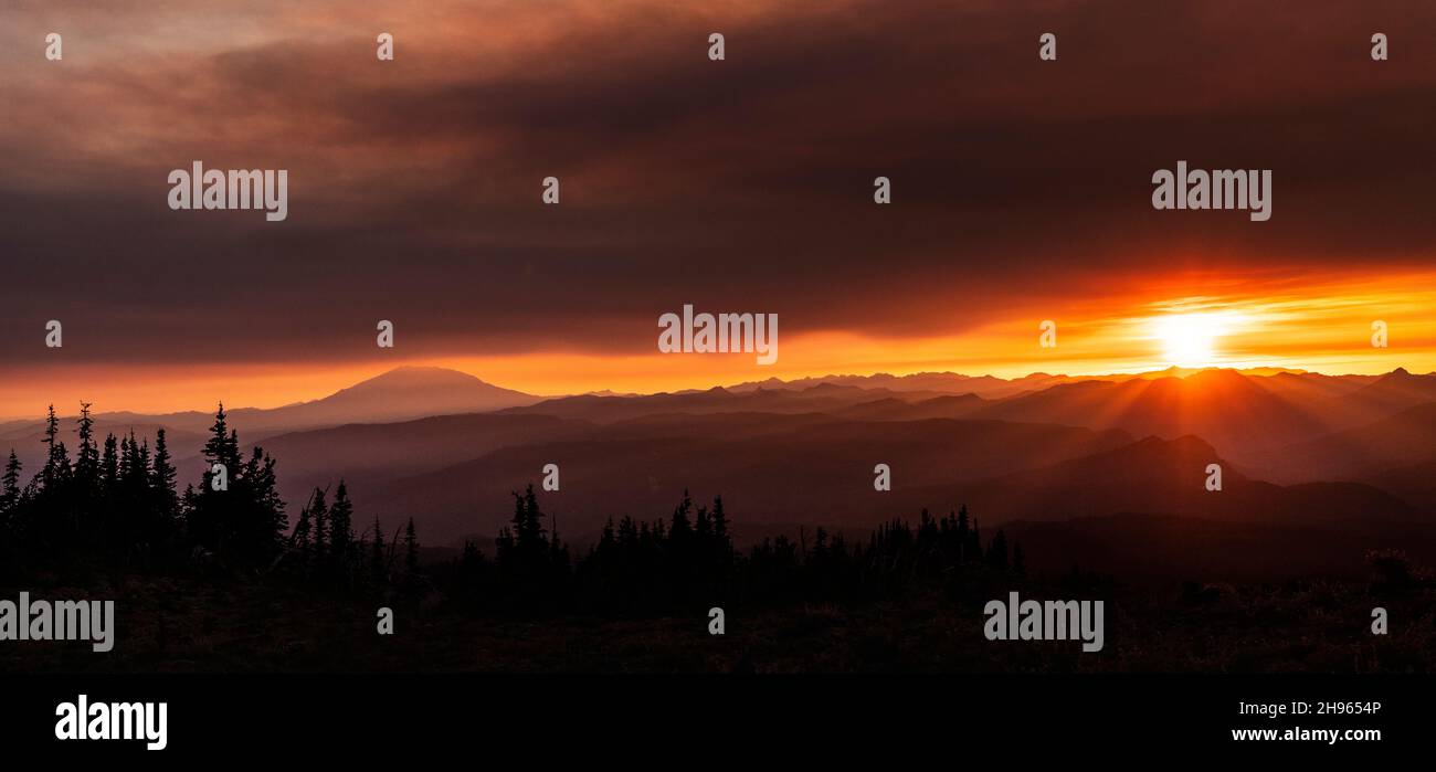 WA204954-00....WASHINGTON -  Smoke from forest fires fills the sky above High Camp in the Mount Adams Wilderness,  Gifford Pinchot National Forest. Stock Photo