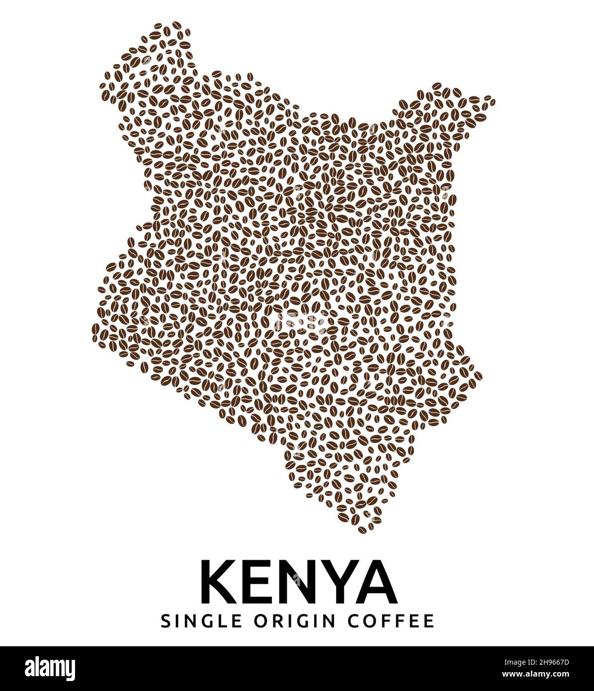 Shape of Kenya map made of scattered coffee beans, country name below Stock Vector