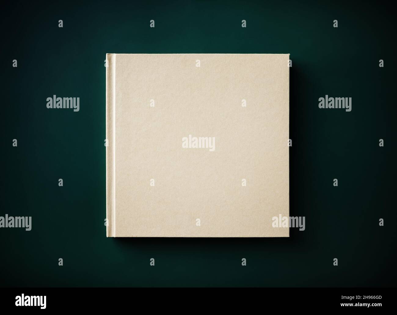 Blank closed hardcover book on green background. Flat lay Stock Photo