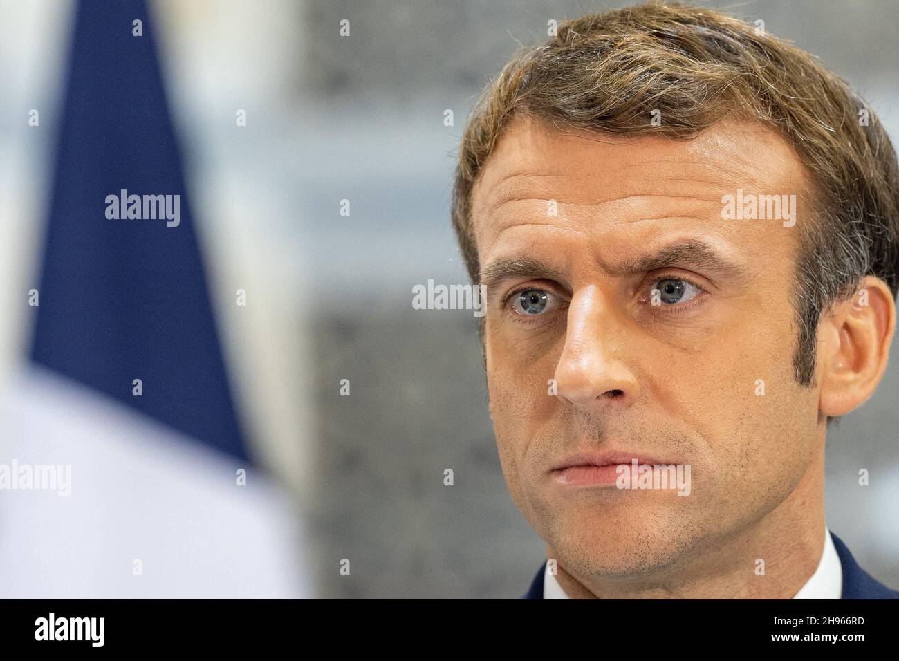 French president Emmanuel Macron talks to reporters at the Royal Lounge of Jeddah Airport, in Jeddah, Saudi Arabia, as he ends three Gulf countries tour. Photo by Ammar Abd Rabbo/ABACAPRESS.COM Stock Photo